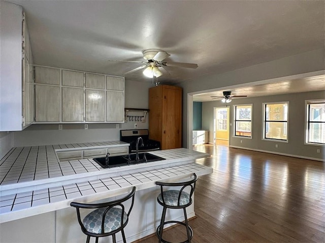 kitchen featuring sink, stainless steel stove, dark wood-type flooring, a kitchen breakfast bar, and tile counters