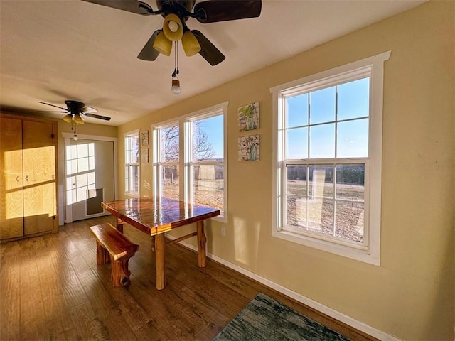 dining space with hardwood / wood-style floors, a wealth of natural light, and ceiling fan