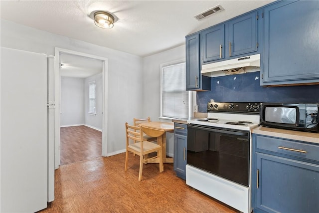 kitchen with blue cabinetry, white appliances, light hardwood / wood-style flooring, and plenty of natural light