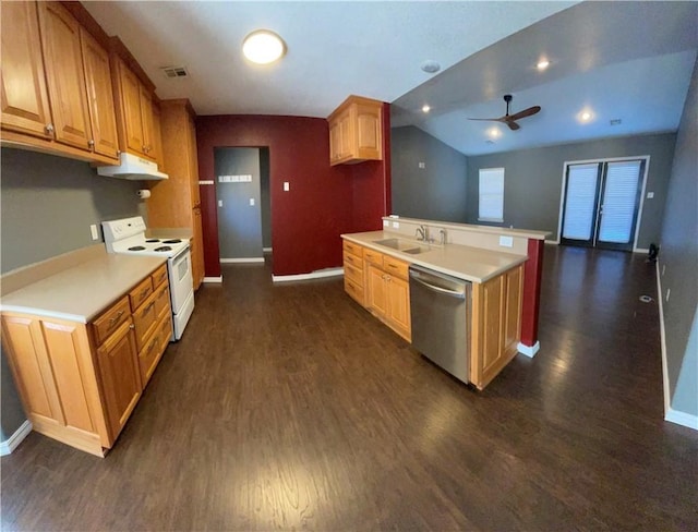 kitchen with dark hardwood / wood-style flooring, ceiling fan, sink, dishwasher, and white electric range