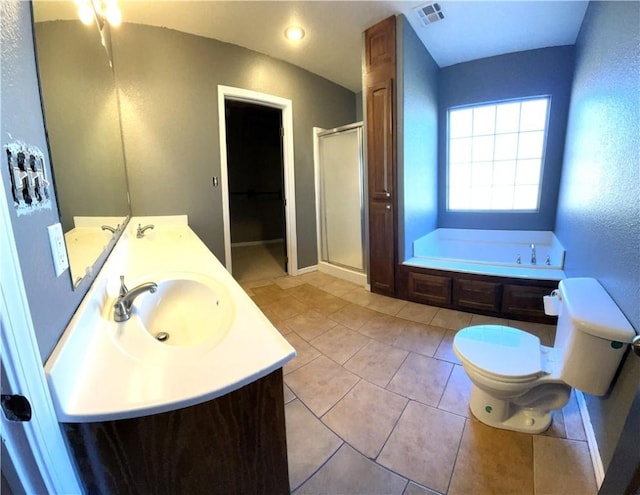 full bathroom with tile patterned floors, vanity, toilet, and plus walk in shower