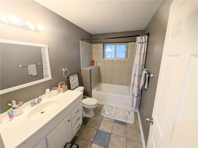 full bathroom featuring vanity, tile patterned flooring, toilet, shower / bathtub combination with curtain, and a textured ceiling