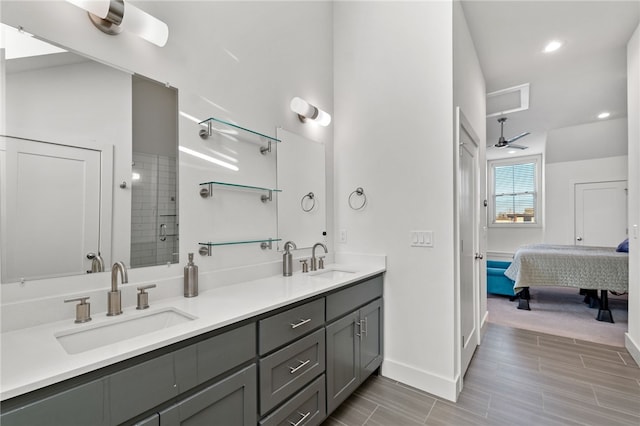 bathroom with walk in shower, vanity, ceiling fan, and billiards