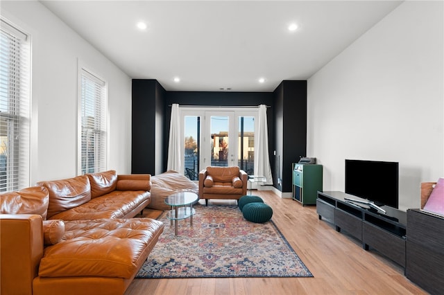 living room with light hardwood / wood-style flooring