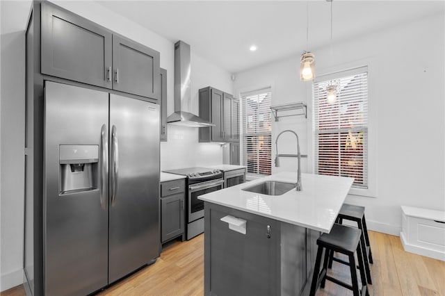 kitchen with sink, wall chimney range hood, an island with sink, pendant lighting, and appliances with stainless steel finishes