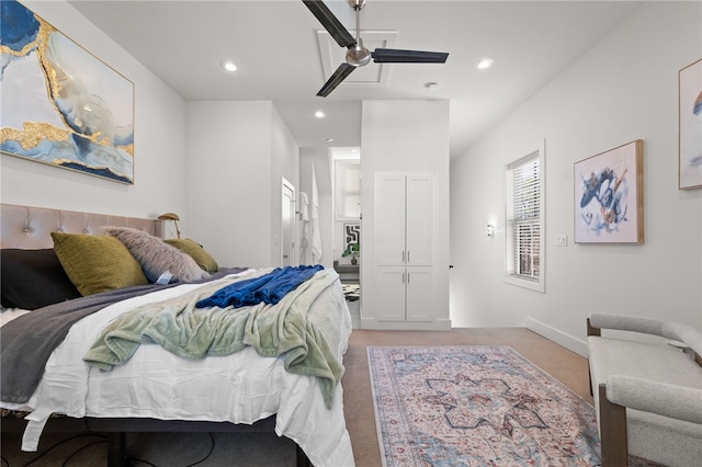 bedroom with recessed lighting and ceiling fan