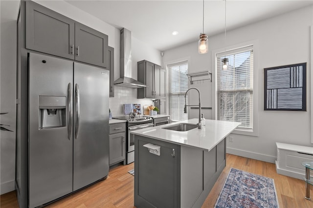 kitchen with light wood finished floors, tasteful backsplash, wall chimney exhaust hood, stainless steel appliances, and a sink