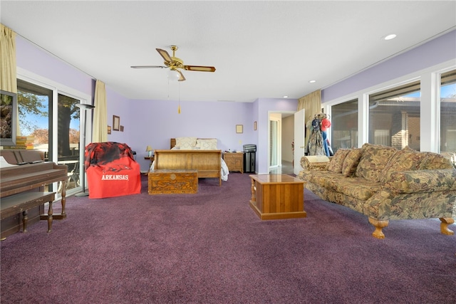 305 Irving St, Gravette, AR 72736 - bedroom featuring ceiling fan, access to exterior, and carpet floors