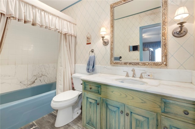 305 Irving St, Gravette, AR 72736 - full bathroom with vanity, shower / bath combination with curtain, and toilet