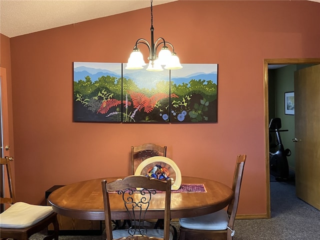 carpeted dining room with lofted ceiling and an inviting chandelier