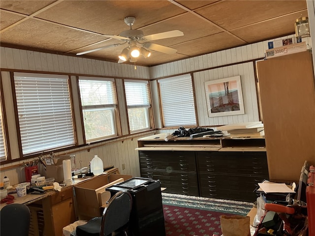 miscellaneous room with ceiling fan and wood walls