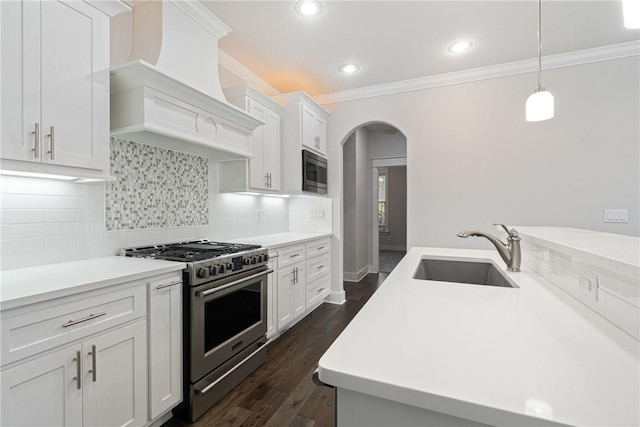 kitchen with white cabinets, sink, dark hardwood / wood-style floors, high end stove, and built in microwave