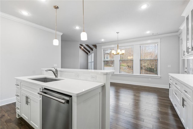 kitchen with decorative light fixtures, a center island with sink, stainless steel dishwasher, and white cabinetry