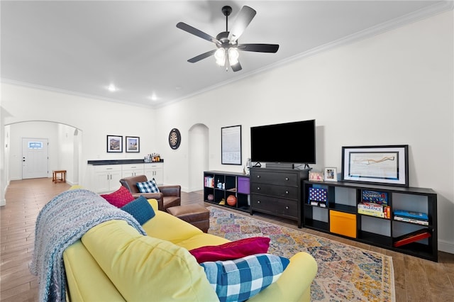 living room with hardwood / wood-style floors, ceiling fan, and ornamental molding