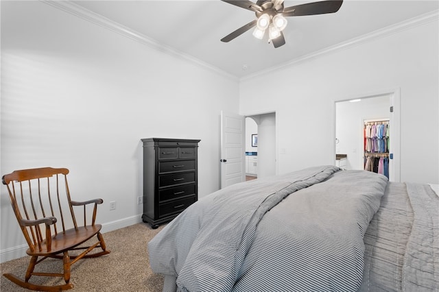 bedroom featuring carpet flooring, ceiling fan, and ornamental molding