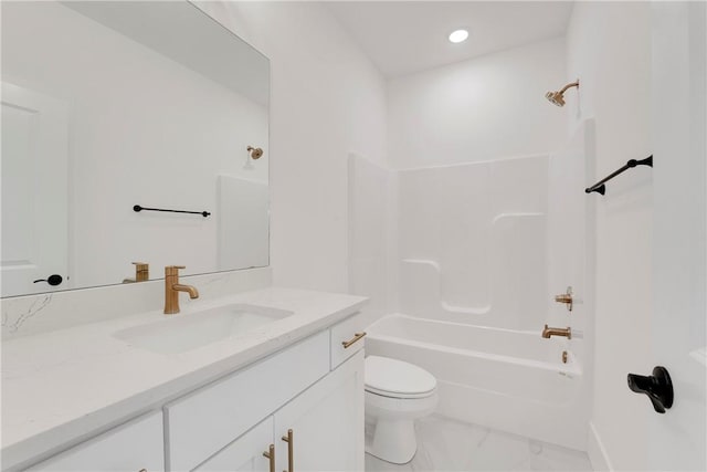 bathroom featuring toilet, marble finish floor, shower / washtub combination, recessed lighting, and vanity