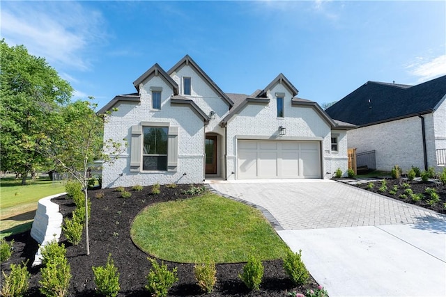 french provincial home featuring brick siding, decorative driveway, a front lawn, and a garage