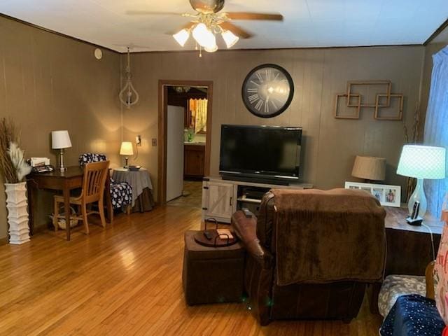 living room featuring light hardwood / wood-style floors and ceiling fan