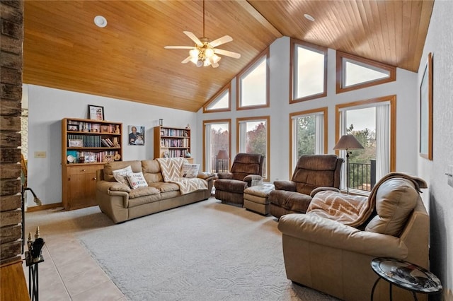 living room with ceiling fan, light tile patterned floors, wood ceiling, and high vaulted ceiling