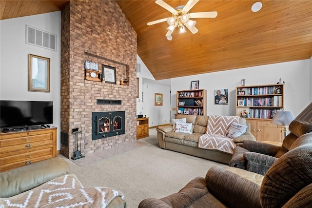 living room featuring a fireplace, light colored carpet, high vaulted ceiling, and wooden ceiling