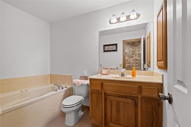 15262 Shipe Rd, Gravette, AR 72736 - bathroom featuring toilet, a bath, vanity, and tile patterned floors