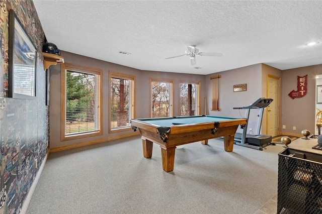 15262 Shipe Rd, Gravette, AR 72736 - game room with baseboards, a textured ceiling, pool table, a ceiling fan, and carpet flooring