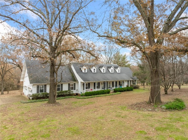 cape cod house with a front lawn and covered porch