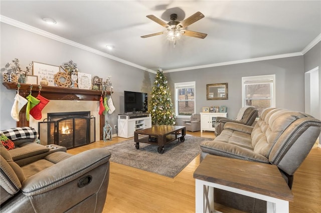 living room featuring ceiling fan, light hardwood / wood-style floors, and ornamental molding