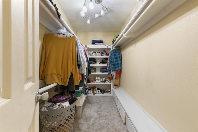 walk in closet with light carpet