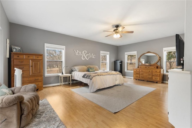 bedroom featuring ceiling fan and light hardwood / wood-style flooring