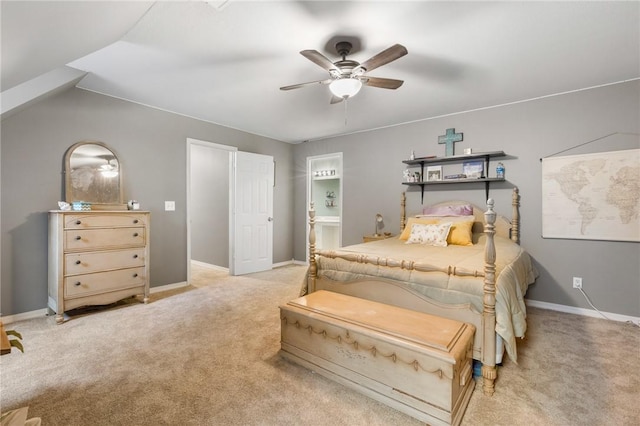 bedroom with light colored carpet and ceiling fan