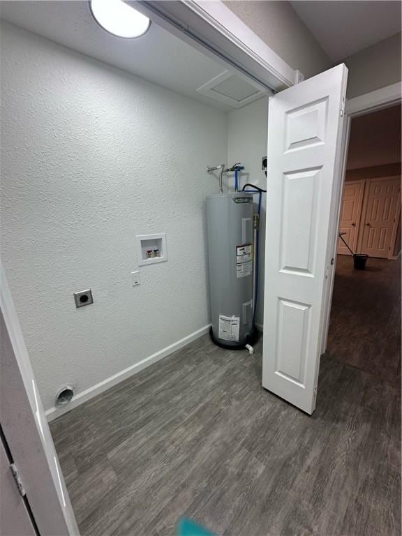 laundry area featuring hookup for an electric dryer, hookup for a washing machine, electric water heater, and dark wood-type flooring