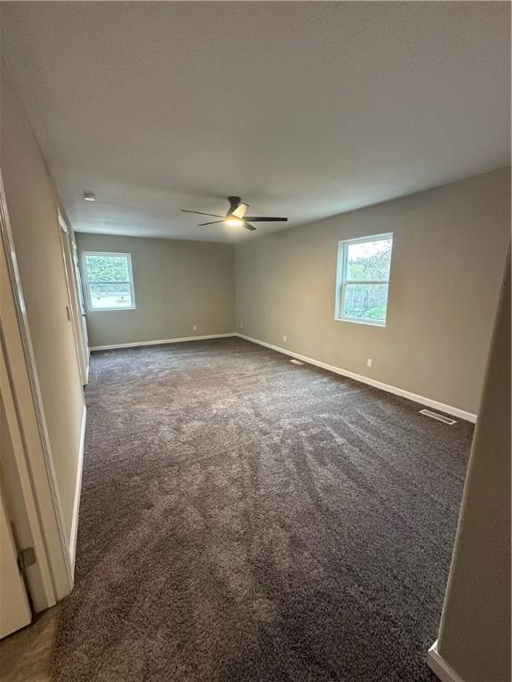 carpeted empty room with ceiling fan and a healthy amount of sunlight