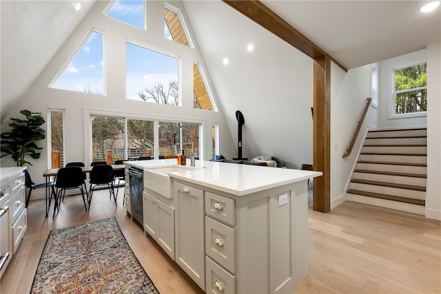 kitchen featuring a kitchen island with sink, dishwasher, light wood-type flooring, and a sink