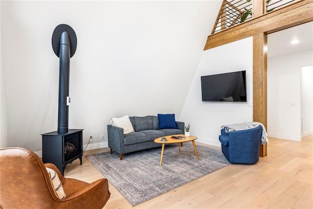 living room featuring a wood stove and hardwood / wood-style flooring