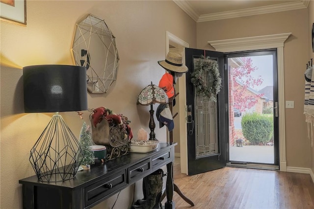 entryway featuring hardwood / wood-style flooring and crown molding