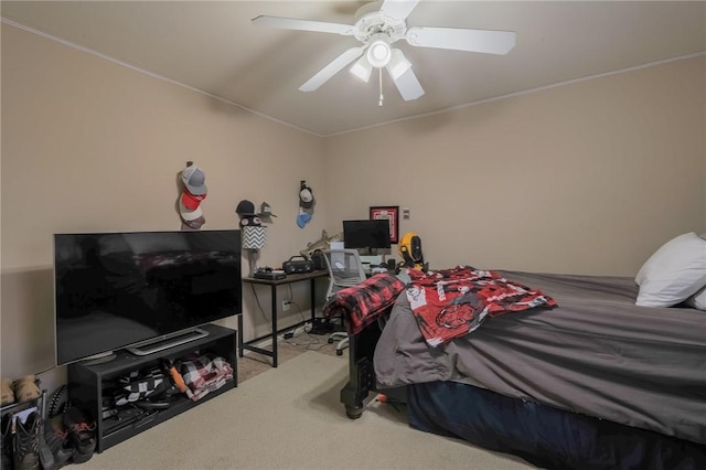 bedroom with light carpet and ceiling fan