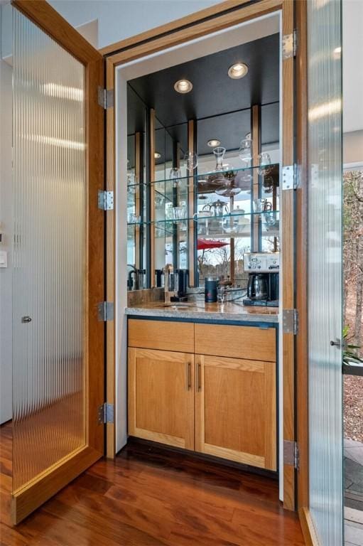 bar featuring dark hardwood / wood-style flooring