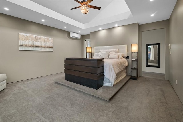 carpeted bedroom featuring an AC wall unit, ceiling fan, and a towering ceiling