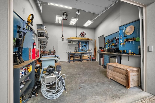 garage featuring a workshop area