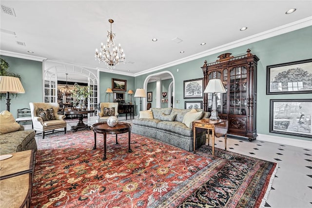 living room with a notable chandelier and crown molding