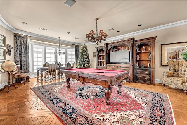 recreation room featuring light parquet floors, ornamental molding, and billiards