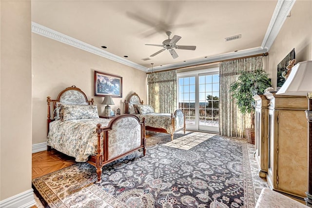 bedroom featuring access to outside, ceiling fan, parquet floors, and ornamental molding