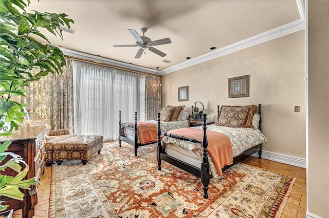 bedroom featuring ceiling fan, parquet flooring, and crown molding