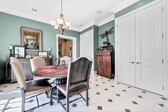 dining space with crown molding and an inviting chandelier