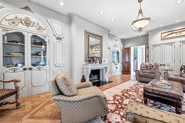 living room featuring parquet floors and crown molding