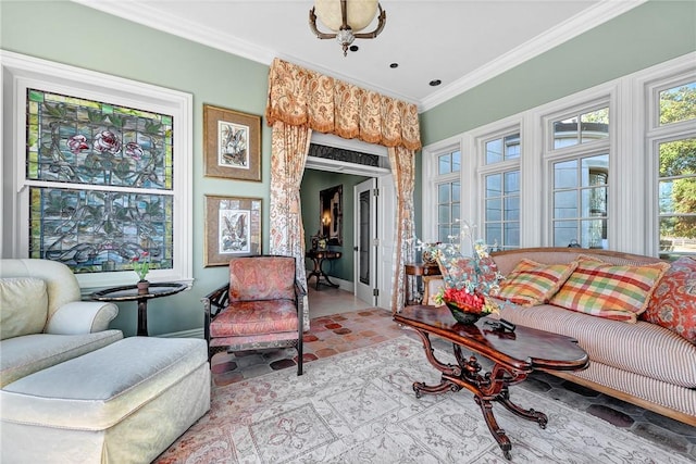 living room with crown molding