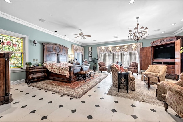 tiled bedroom featuring ornamental molding and a notable chandelier