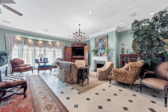 tiled living room with a fireplace, ceiling fan with notable chandelier, and crown molding