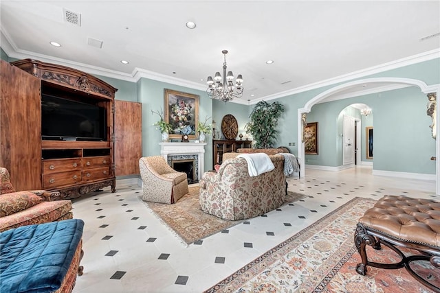 tiled living room with crown molding and an inviting chandelier